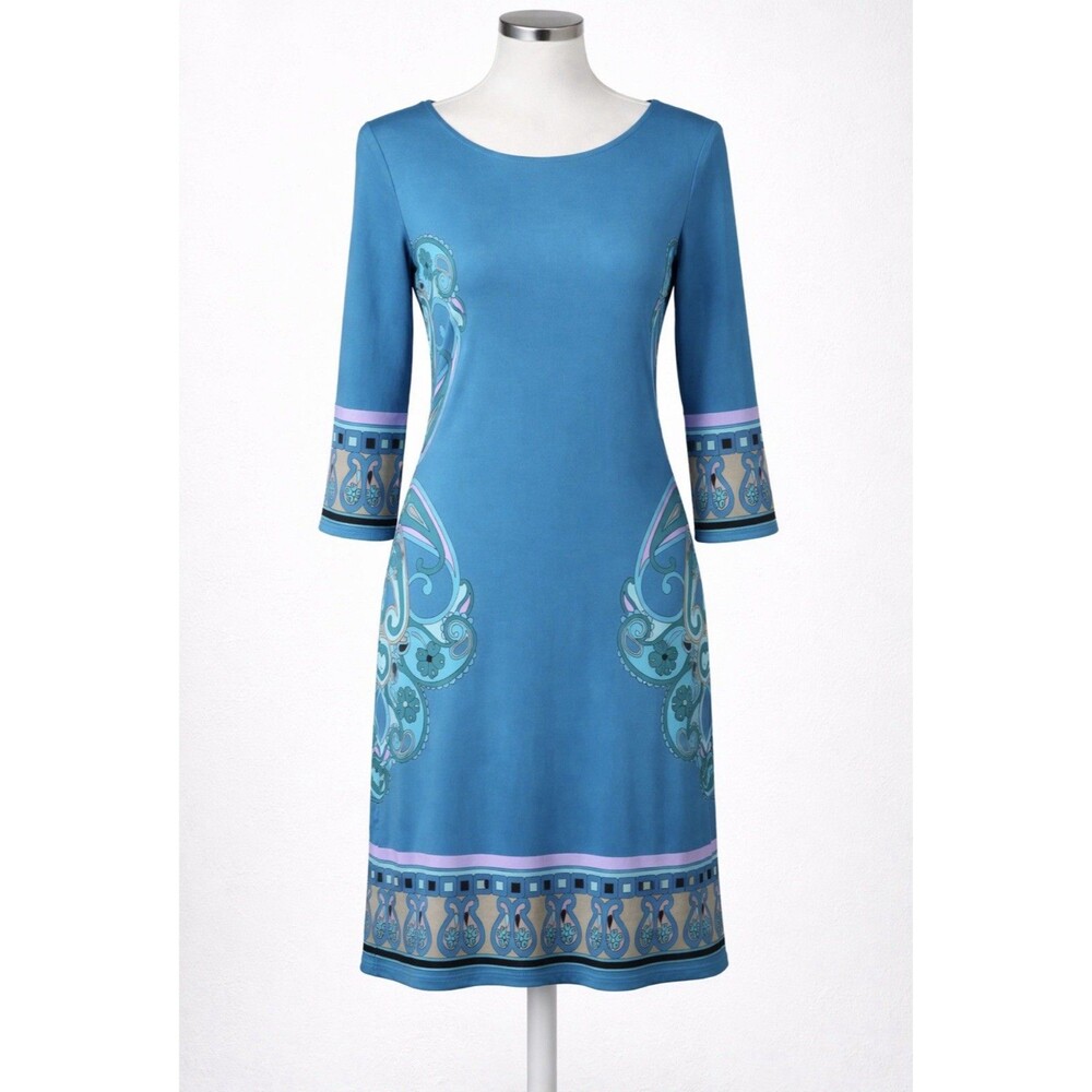 Michael Kors MK Paisley Blue Turquoise Knit Midi Dress 3/4 Sleeve Stretch Sz 4